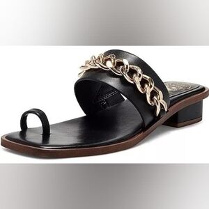 Vince Camuto Yamell Leather Toe-Loop Slide Sandal Black Leather Gold Chain Mule